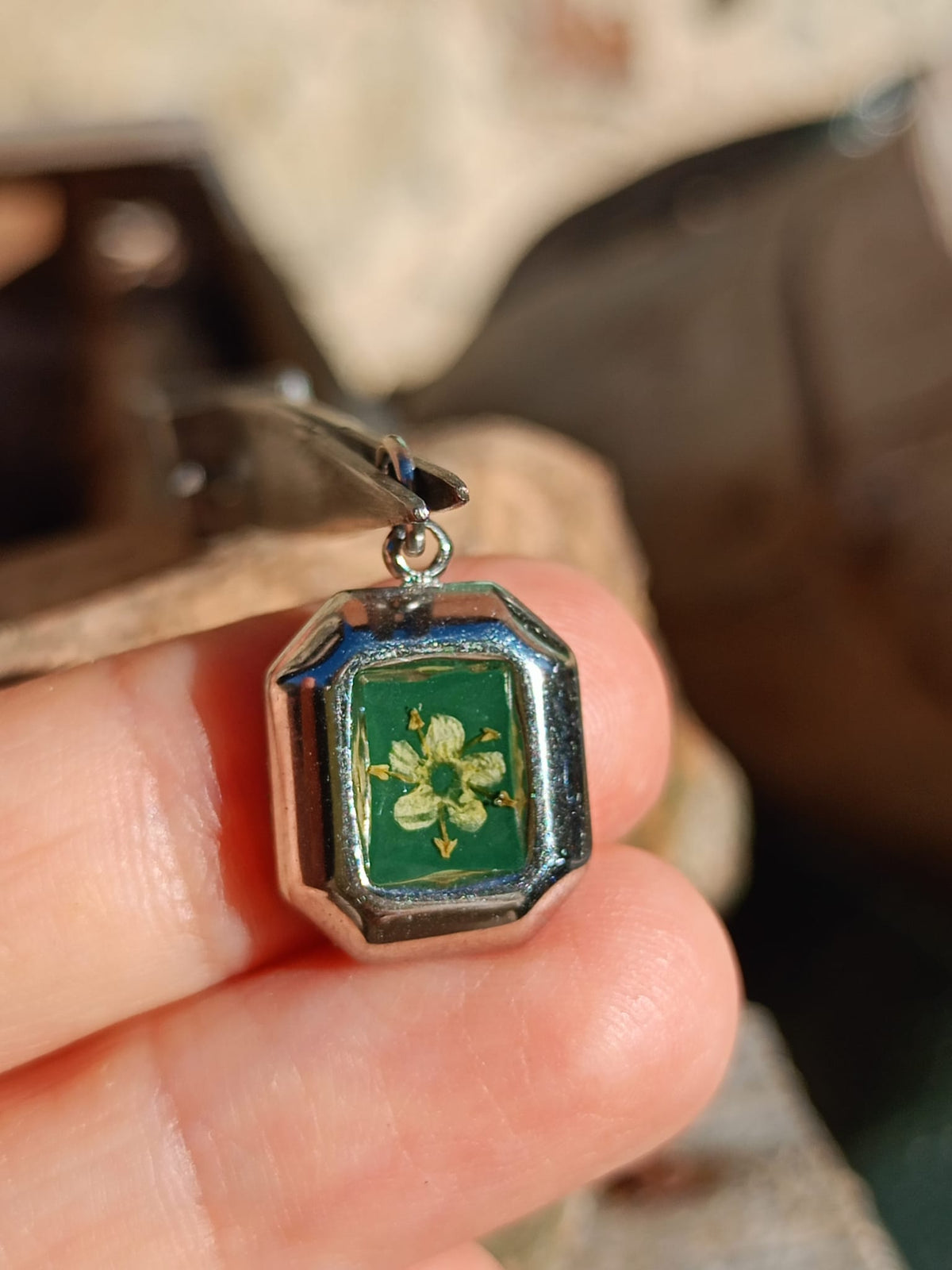 Ciondolo Cimelia Sambuco Rettangolo, argento e verde